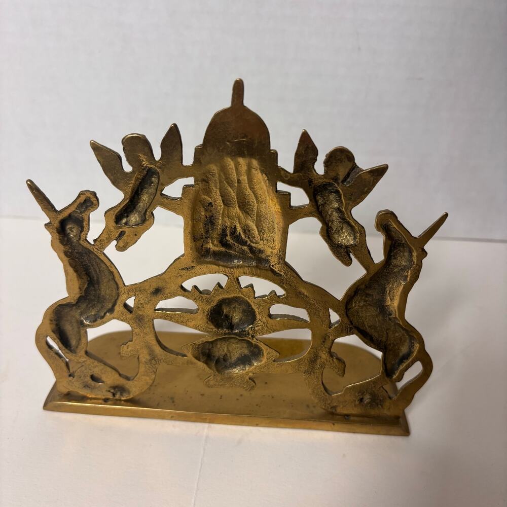 Vintage Brass Unicorn & Cherub Bookend | Hollywood Regency Fantasy Bookshelf - Picture 3 of 9